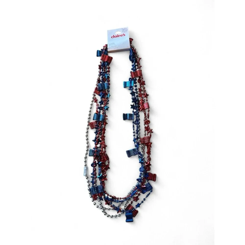 NWT Lot 3 Claire's Patriotic 4th of July Earrings 6 Necklaces Hair Bow NEW